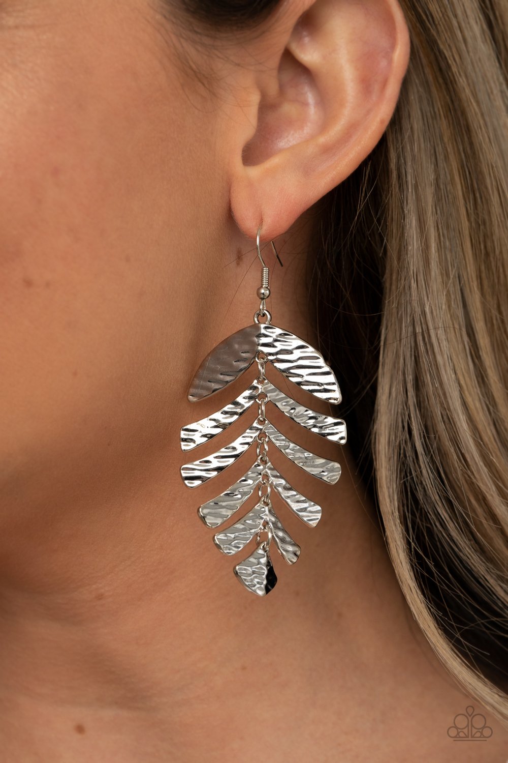 Palm Lagoon - Silver Rippling Texture Palm Leaf Paparazzi Earrings