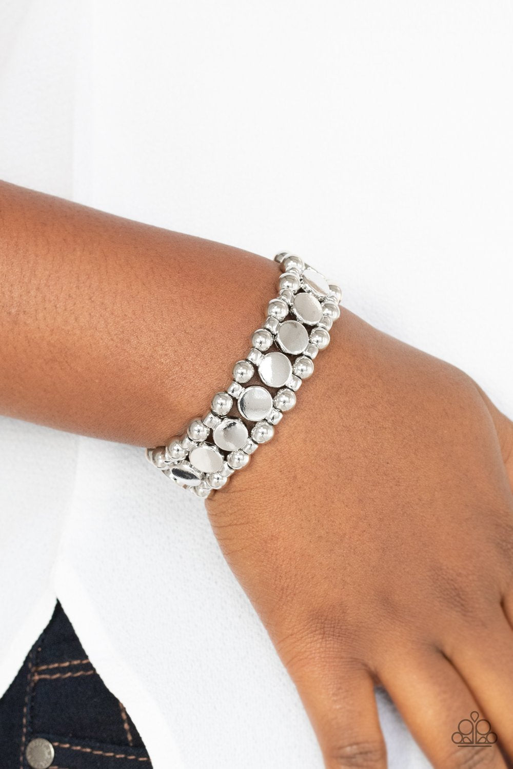 Metro Magnetism - Silver Disc & Silver Beaded Paparazzi Stretch Bracelet