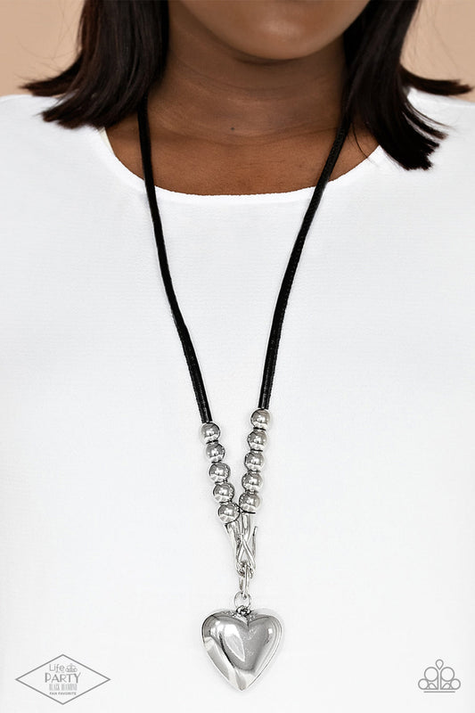 Forbidden Love - Black Bole Leather Cord & Oversized Silver Heart Pendant Paparazzi Necklace & matching earrings