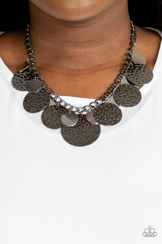 Industrial Grade Glamour - Gunmetal Hammered & Oversized Silver Disc Paparazzi Necklace & matching earrings