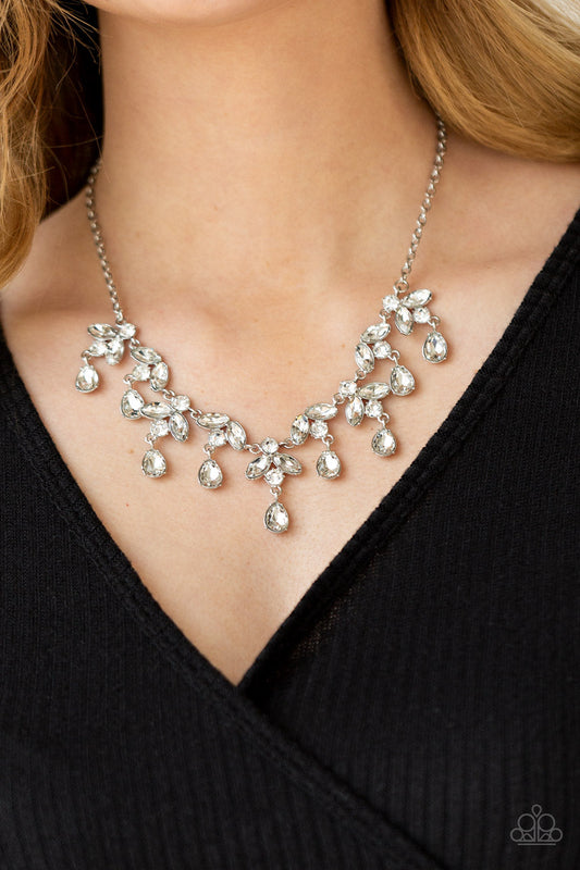Vintage Royale - White Rhinestones & Leafy Silver Frame Paparazzi Necklace & matching earrings