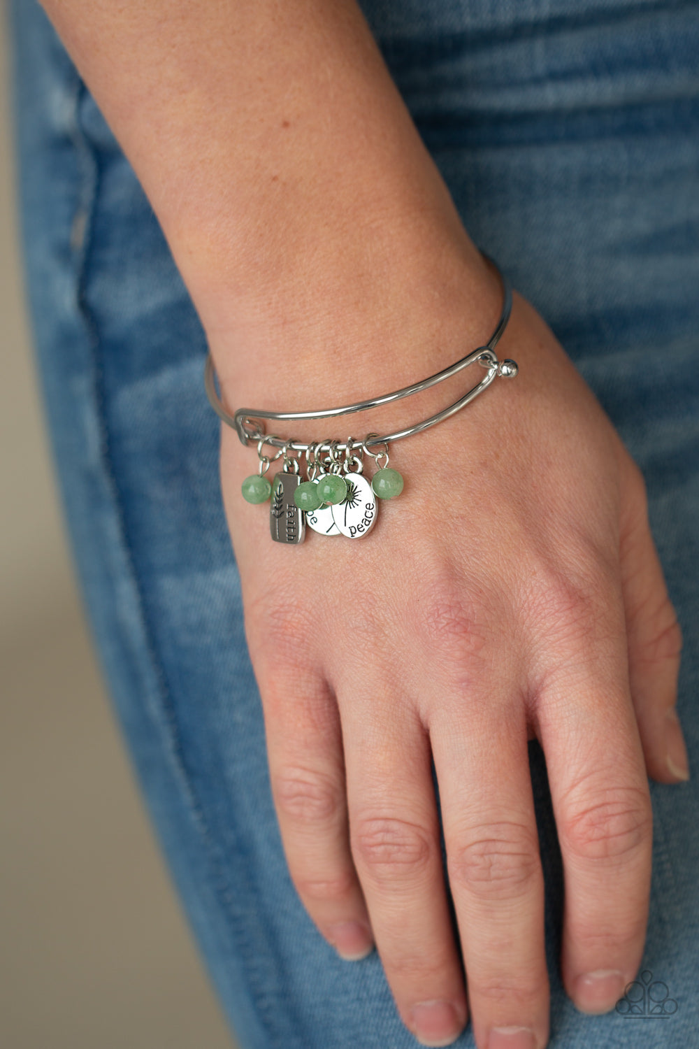 GROWING Strong - Green Stone Beads & Silver Floral Charms Paparazzi Charm Bracelet