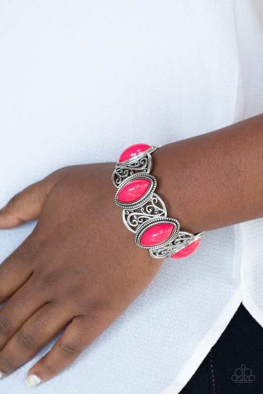 POP, Skip, and a Jump - Pink Beads & Silver Filigree Frames Paparazzi Stretch Bracelet