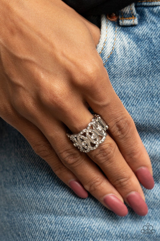 OVAL-Ruled - White Dainty Rhinestone & Overlapping Silver Ovals Paparazzi Ring