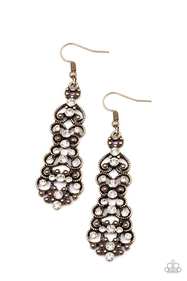 Diva Decorum - Brass/White Rhinestone Filigree Paparazzi Earrings
