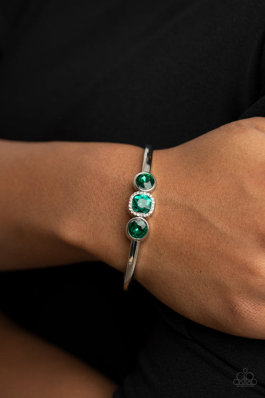 Royal Demands - Green Rhinestones & Thick Silver Bangle Paparazzi Bracelet