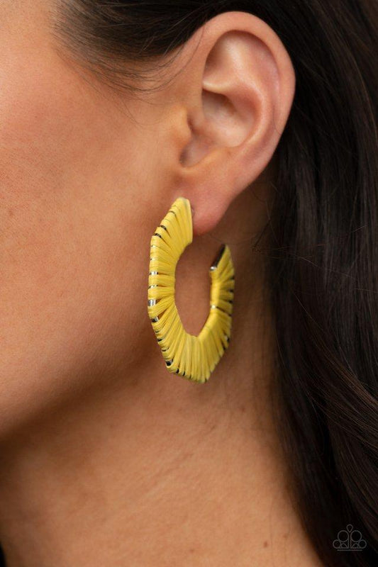Fabulously Fiesta - Yellow Wicker-Like Cording Paparazzi Hoop Earrings