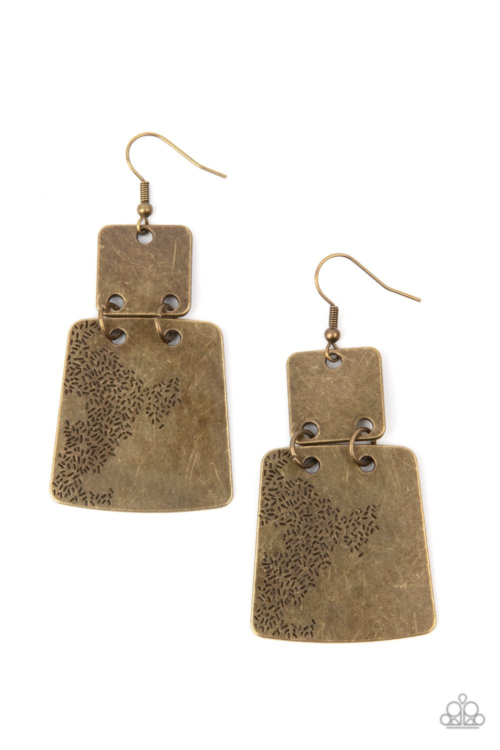 Tagging Along - Brass Flared Abstract Plate Paparazzi Earrings