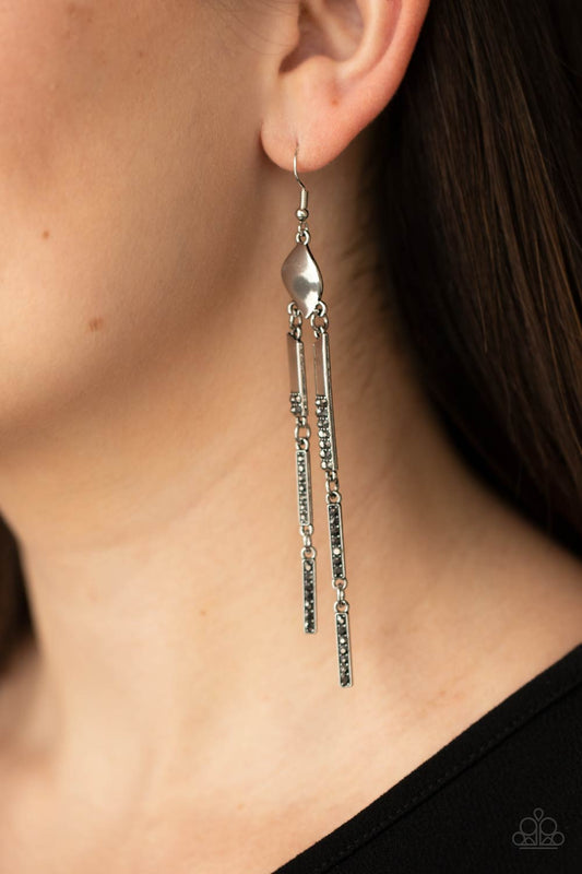 Defined Dazzle - Silver Rectangular Fames & Dainty Hematite Rhinestone Paparazzi Earrings