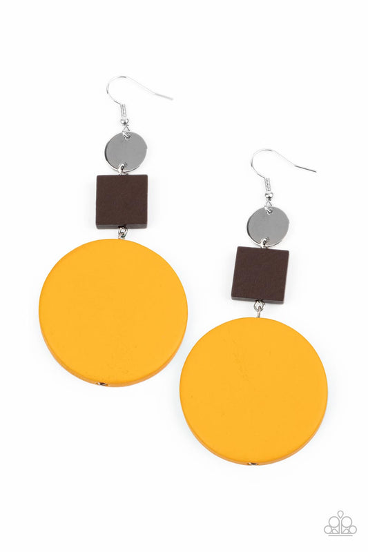 Modern Materials - Yellow Wooden Disc Paparazzi Earrings