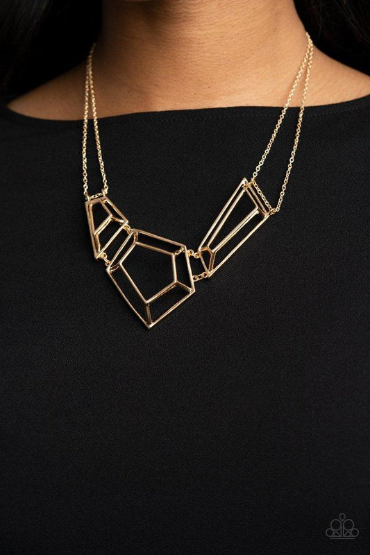 3-D Drama - Gold Bar 3-Dinemsional Geometric Paparazzi Necklace & matching earrings