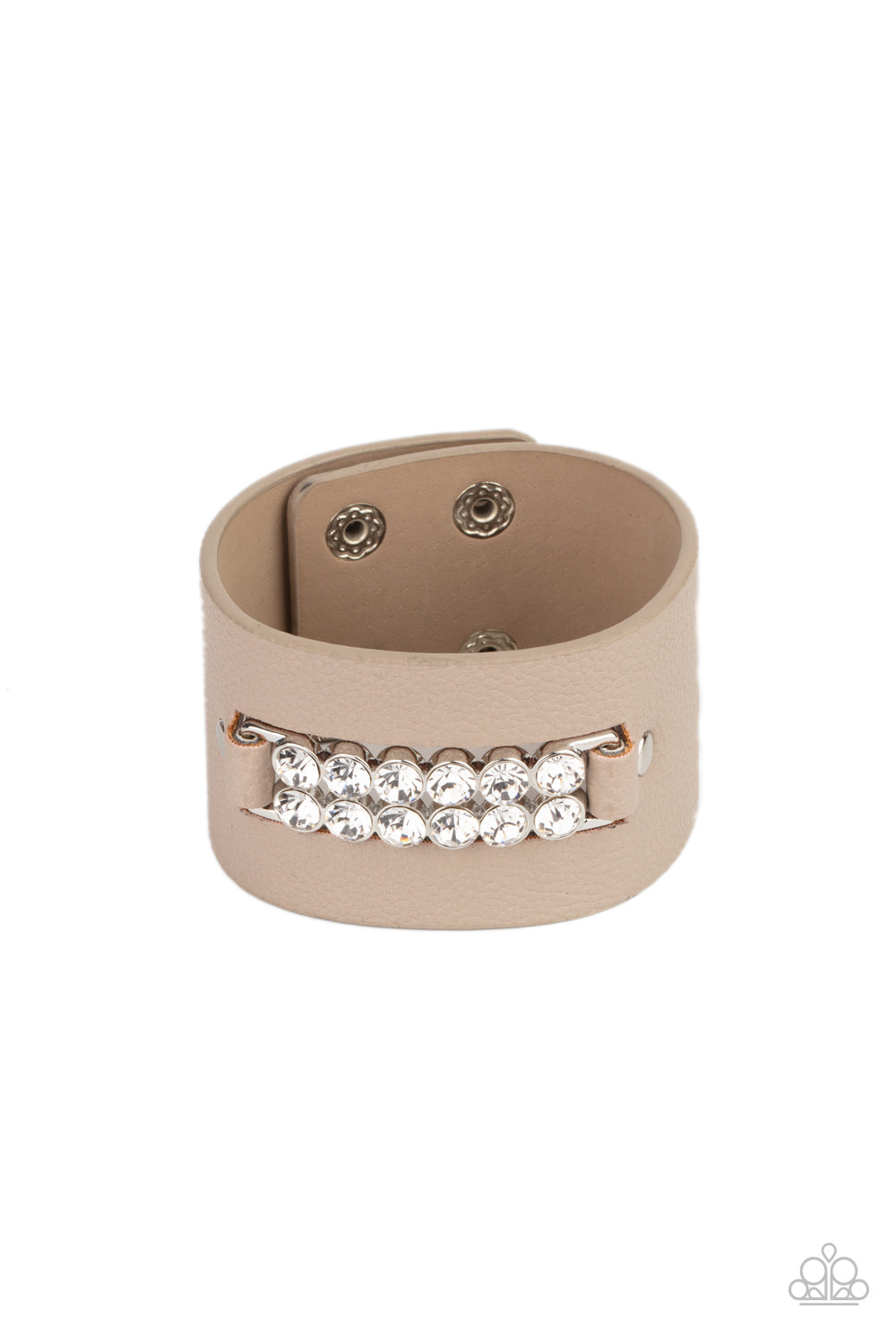 Runway Rebellion - Brown Leather Band & Rows of White Rhinestones Paparazzi Snap Bracelet