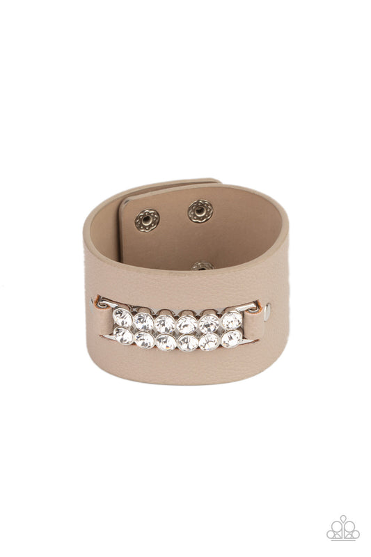 Runway Rebellion - Brown Leather Band & Rows of White Rhinestones Paparazzi Snap Bracelet