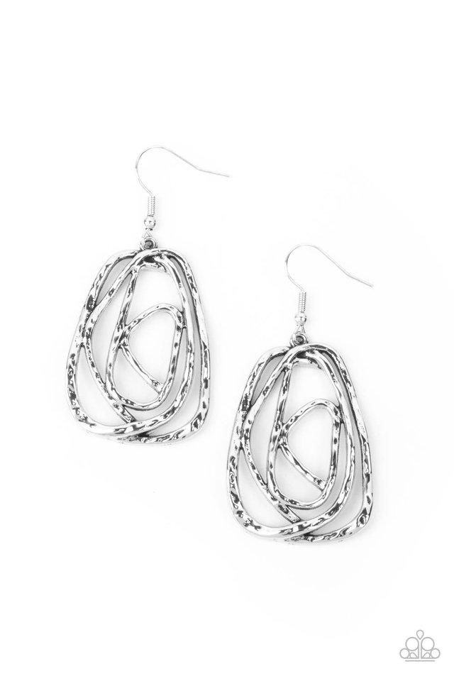 Artisan Relic - Silver Hammered Rustic Asymmetrical Frame Paparazzi Earrings