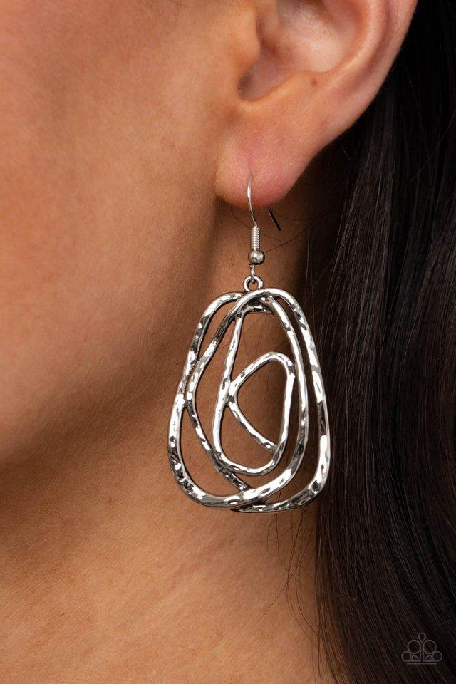 Artisan Relic - Silver Hammered Rustic Asymmetrical Frame Paparazzi Earrings