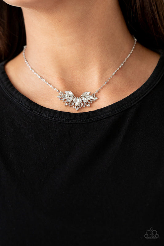 Deluxe Diadem - White Rhinestone/Airy Silver Petal Paparazzi Necklace & matching earrings