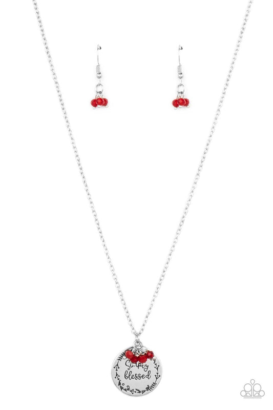 Simple Blessings - Red Dainty Crystal-Like Beads & Simply Blessed Pendant Paparazzi Necklace & matching earrings