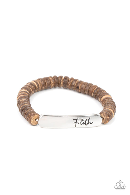 Full Faith - Brown Wooden Discs & Silver Stamped "Faith" Plate Paparazzi Stretch Bracelet