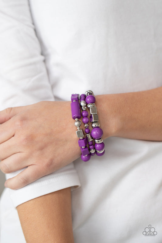 Perfectly Prismatic - Purple & Silver Round, Cube, and Faceted Beaded Paparazzi Set of 3 Stretch Bracelets