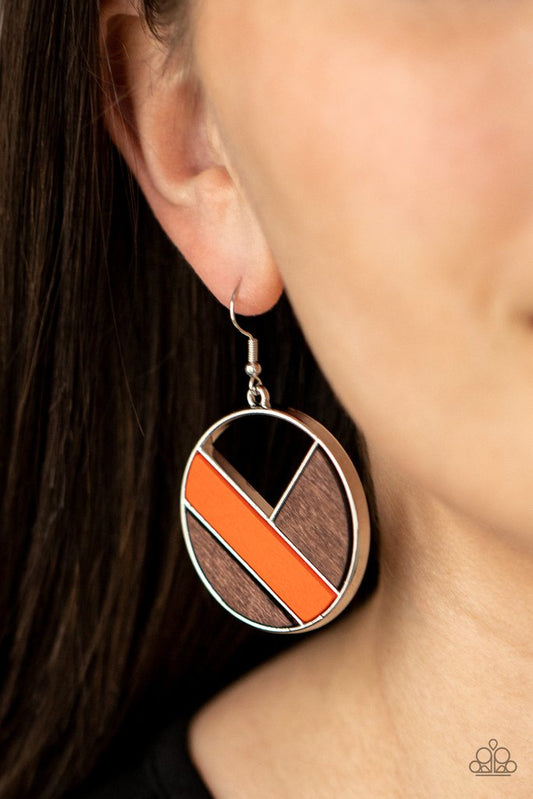 Don't be MODest - Orange & Brown Wooden Geometric Frame Paparazzi Earrings