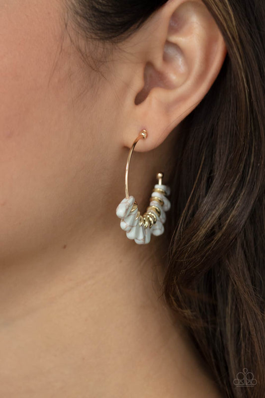 Poshly Primitive - White Flared Stones & Gold Disc Paparazzi Hoop Earrings