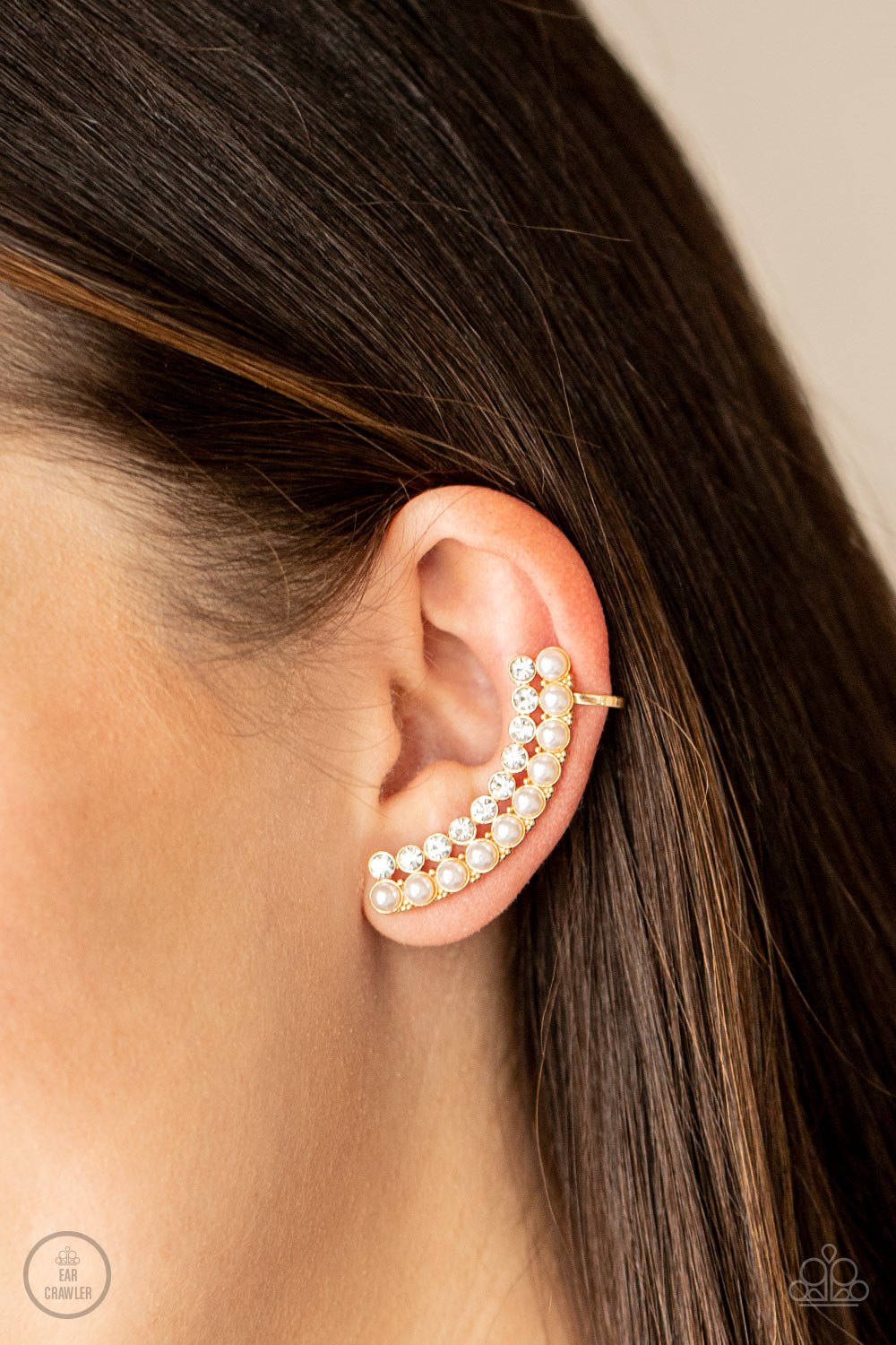 Doubled Down On Dazzle - Gold Fittings, White Pearls, & White Rhinestone Paparazzi Ear Crawler Earrings