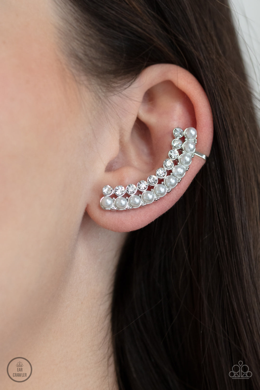 Doubled Down On Dazzle - White Pearl & Rhinestone Encrusted Paparazzi EAR CRAWLER Earrings