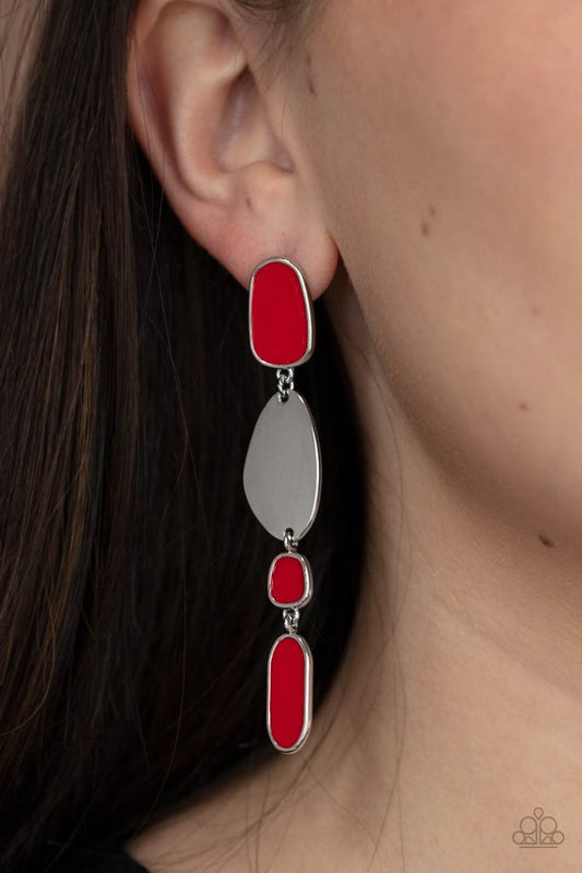 Deco By Design - Red & Silver Asymmetrical Frame Paparazzi Earrings