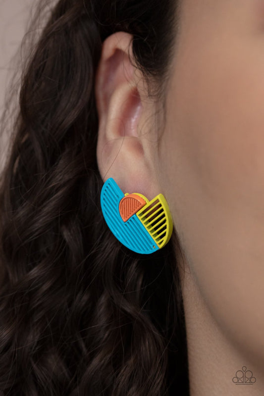 It's Just an Expression - Blue, Yellow & Orange Linear Stenciled Paparazzi Post Earrings