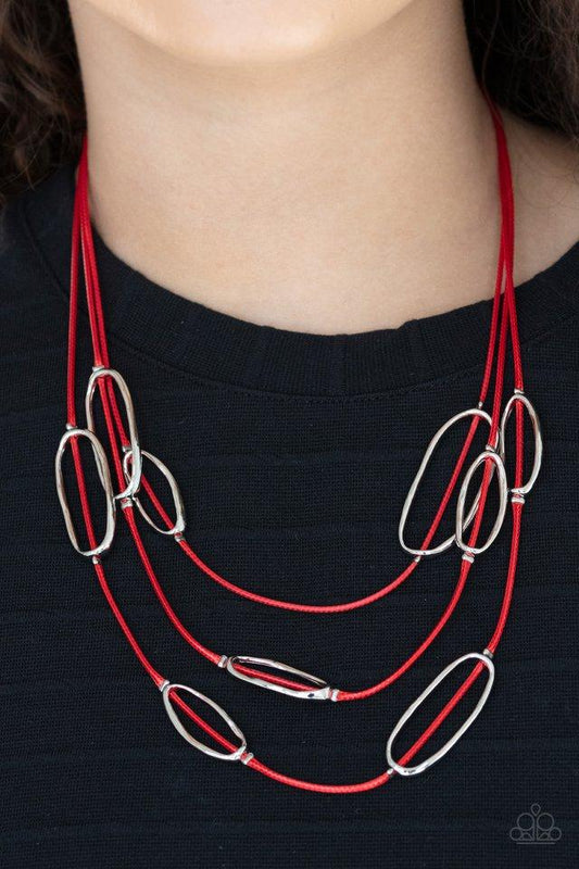 Check Your CORD-inates - Red Cord/Silver Oval Paparazzi Necklace & matching earrings