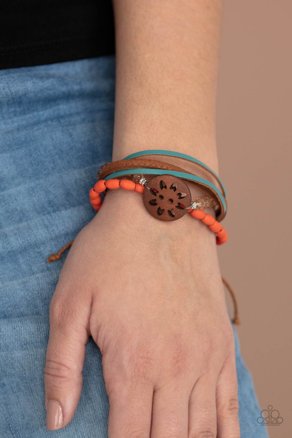 Desert Gallery - Multi Orange Wooden Beads, Wooden Floral Centerpiece & Topaz Crystal-Like Beaded Paparazzi Urban Bracelet