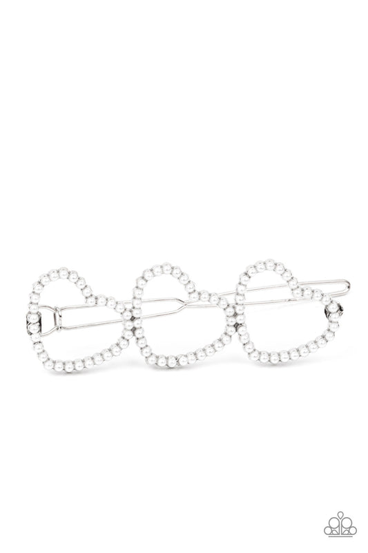 Love Struck - White Dainty Pearl Heart Paparazzi Hair Clip