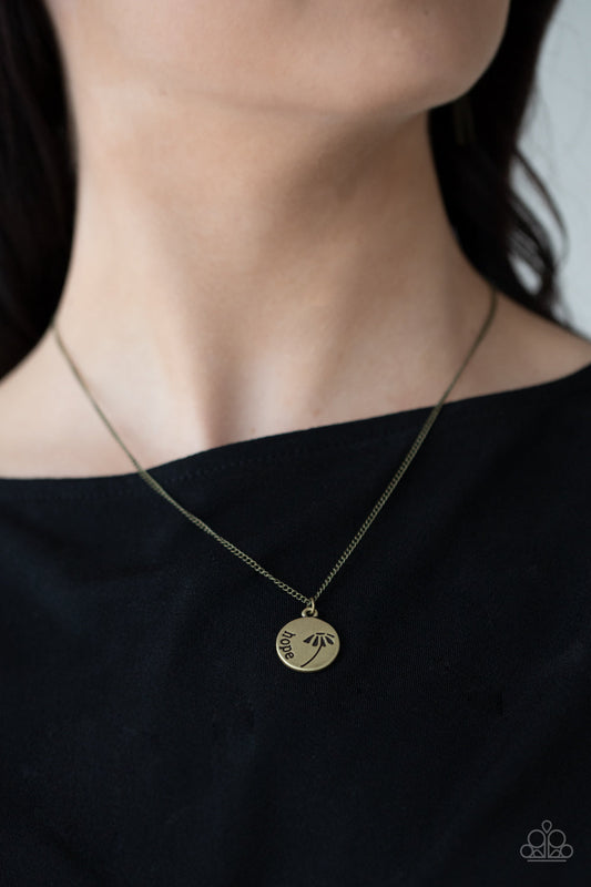 Hold On To Hope - Brass "Hope" & Whimsical Flower Stamped Pendant Paparazzi Necklace & matching earrings