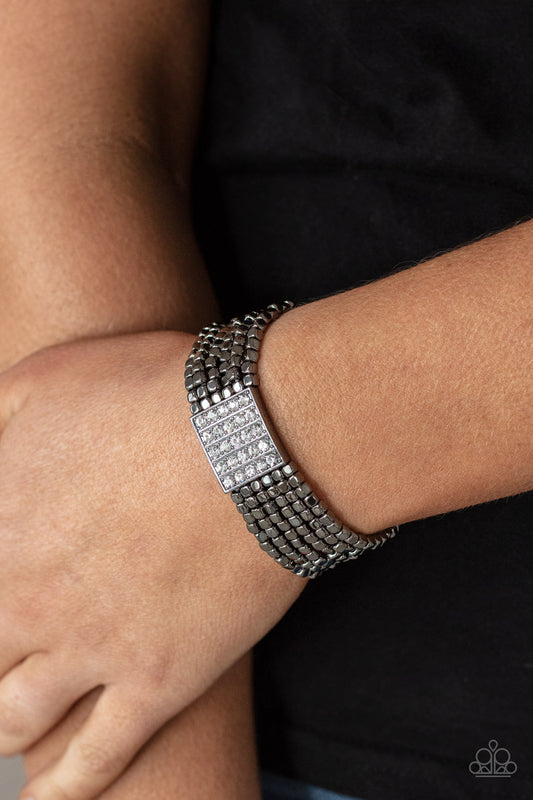 Star-Studded Showcase - Gunmetal Cube Beads & White Rhinestone Paparazzi Stretch Bracelet