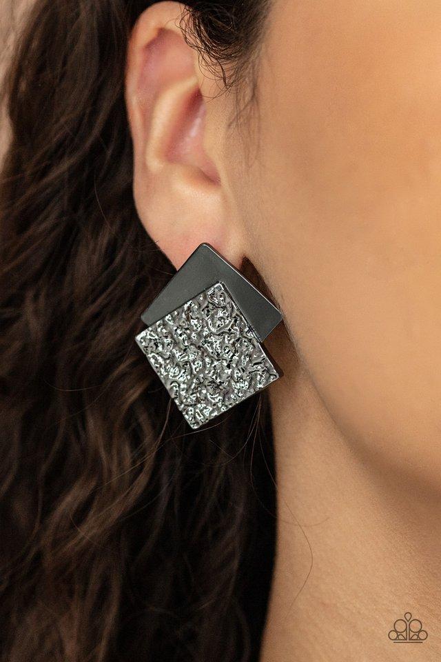 Square With Style - Gunmetal Embossed Texture Paparazzi Post Earrings