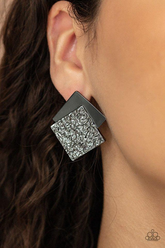 Square With Style - Gunmetal Embossed Texture Paparazzi Post Earrings