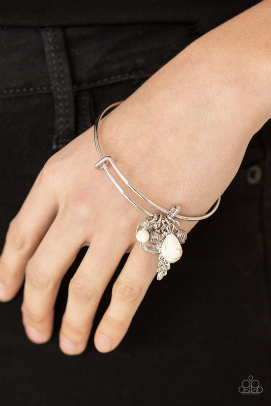 Root and RANCH - White Stone, Silver Beads, & Silver Feather Paparazzi Charm Bracelet