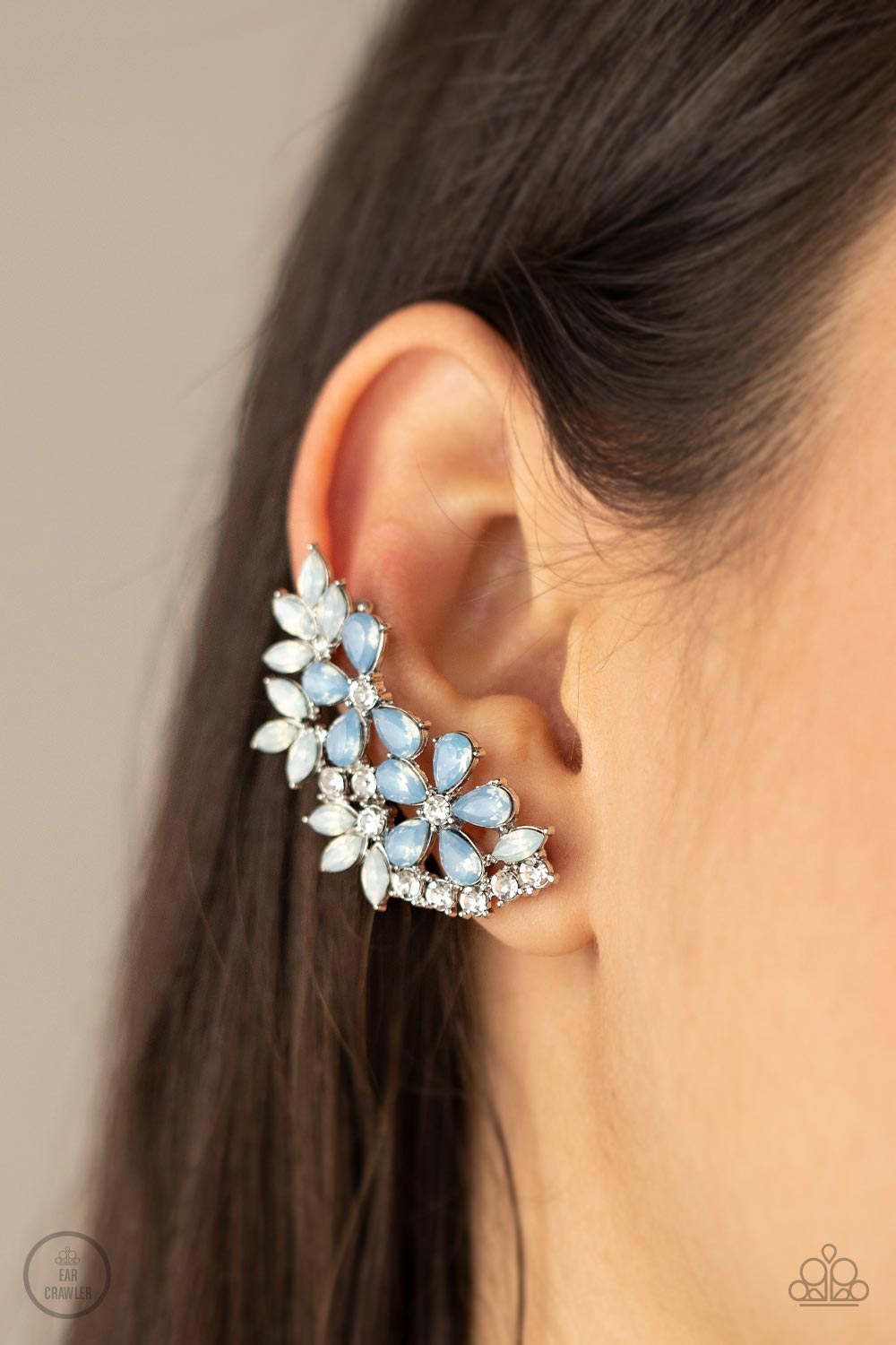 Garden Party Powerhouse - Blue, Opalescent, & White Marquise Rhinestone Floral Paparazzi Crawler Earrings