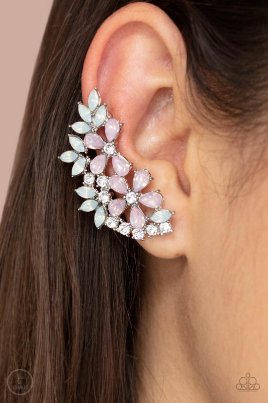 Garden Party Powerhouse - Pink Teardrop & White Opalescence Rhinestone Floral Paparazzi EAR CRAWLER Earrings