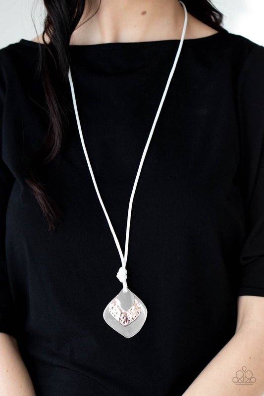Face The ARTIFACTS - White Cord/Silver & Copper Hammered Paparazzi Pendant Necklace & matching earrings