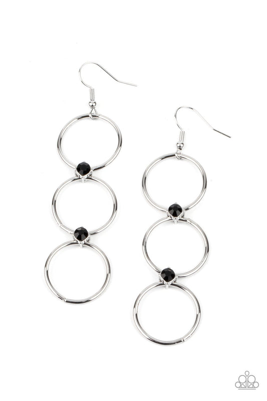 Refined Society - Black Rhinestone Accents/Three Joined Silver Hoops Paparazzi Earrings Earrings