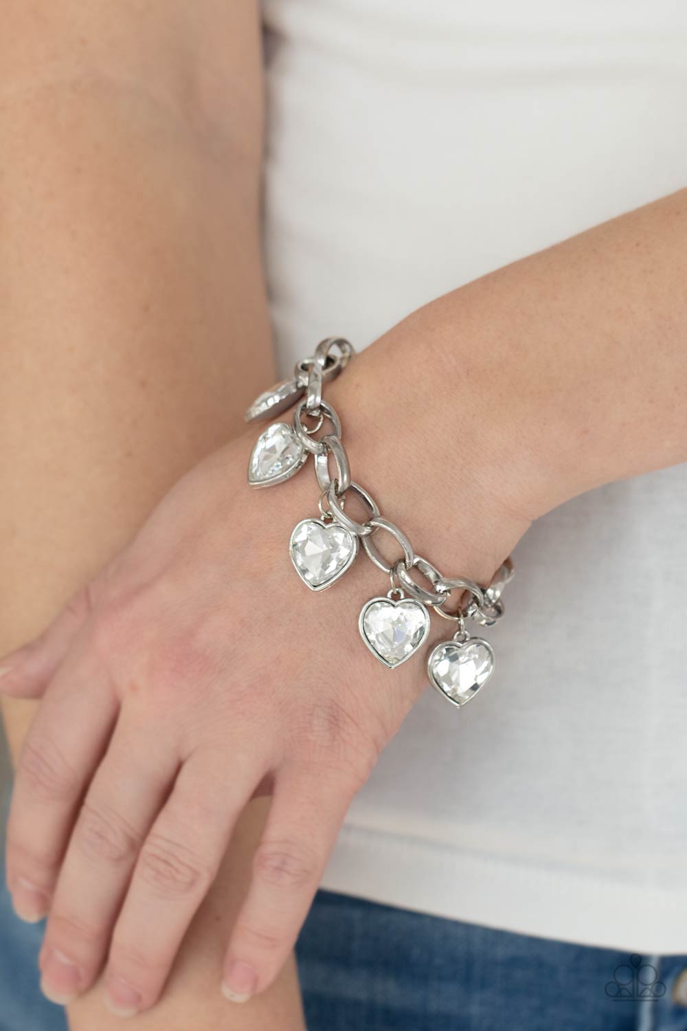Candy Heart Charmer - White Heart Shaped Gem & Oversized Silver Chain Paparazzi Adjustable Bracelet