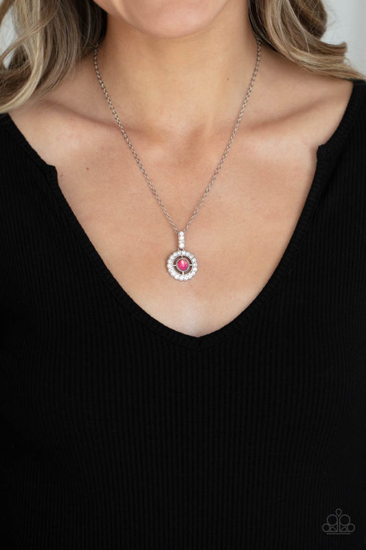 Springtime Twinkle - Pink Glassy Bead & White Rhinestone Pendant Paparazzi Necklace & matching earrings