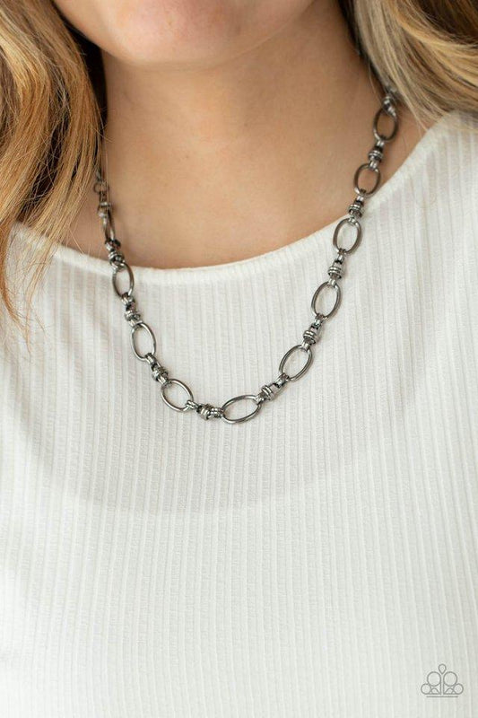 Defined Drama - Gunmetal Oval Linked Frame Paparazzi Necklace & matching earrings