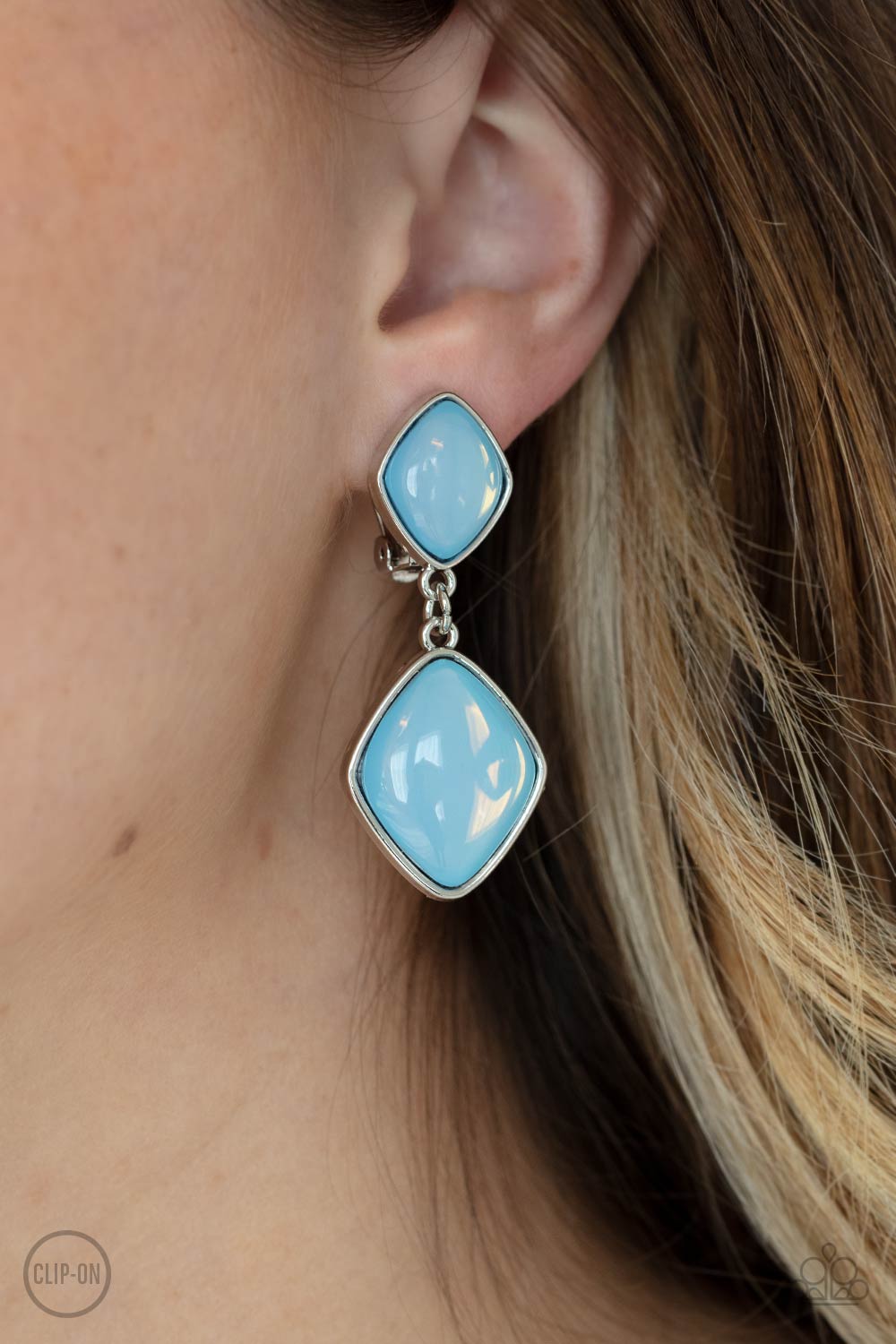 Double Dipping Diamonds - Blue Diamond Shaped Opal Paparazzi CLIP-ON Earrings