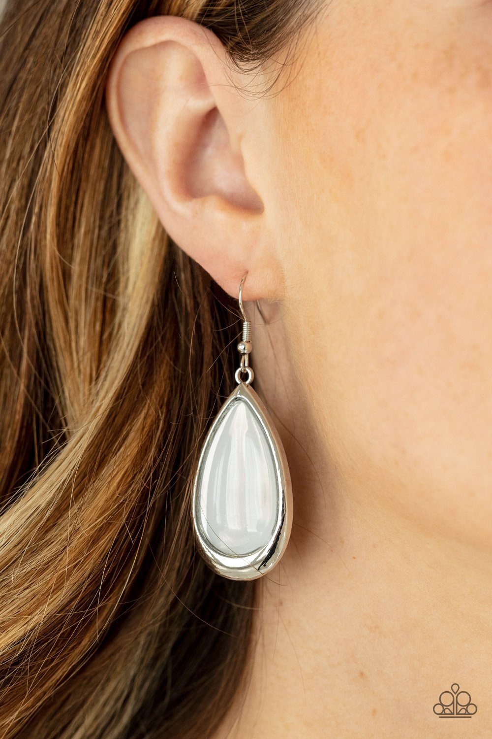 A World To SEER - White Glassy Teardrop Paparazzi Earrings
