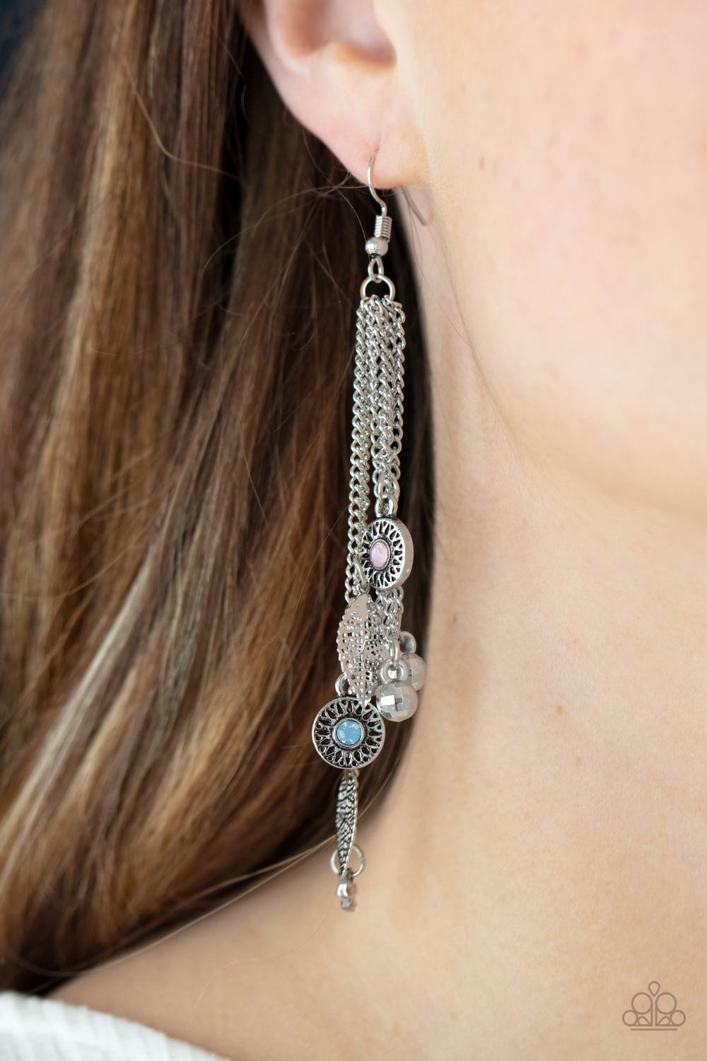 A Natural Charmer - Multi Pink & Cerulean Rhinestones & Airy Silver Leaves Paparazzi Tassel Earrings