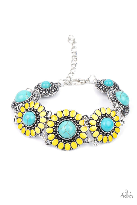 Bodaciously Badlands - Yellow Petal Frames & Turquoise Stone Center Paparazzi Adjustable Bracelet