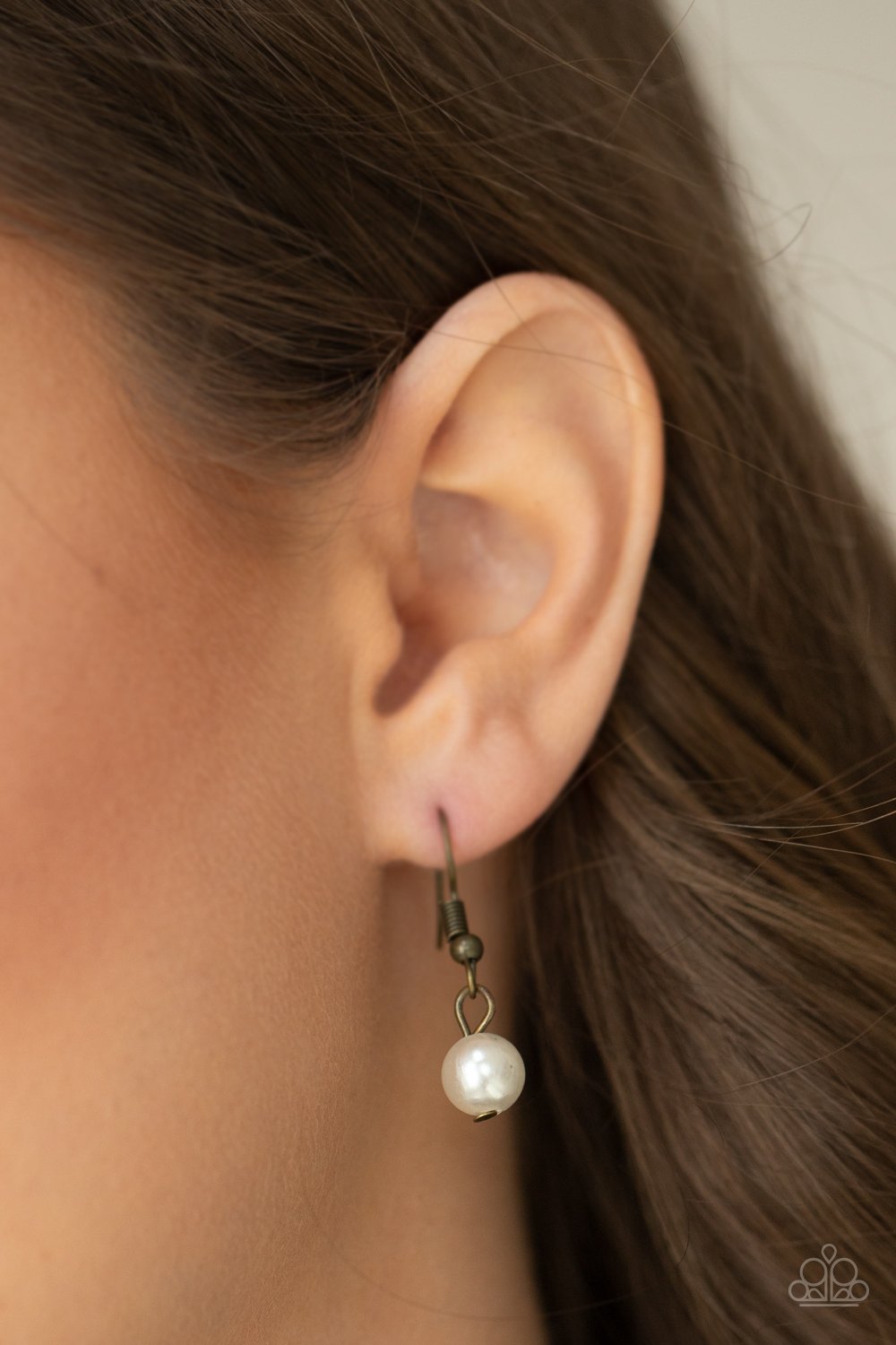 Cosmopolitan Couture - Brass Studded Frames, White Pearls & Rhinestone Paparazzi Necklace & matching earrings