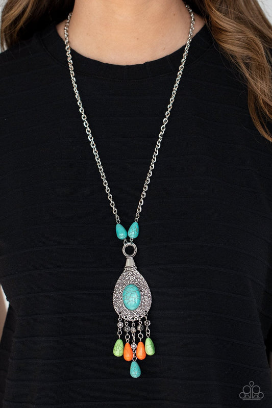 Cowgirl Couture - Multi Turquoise, Green, & Orange Stone Pendant Paparazzi Necklace & matching earrings